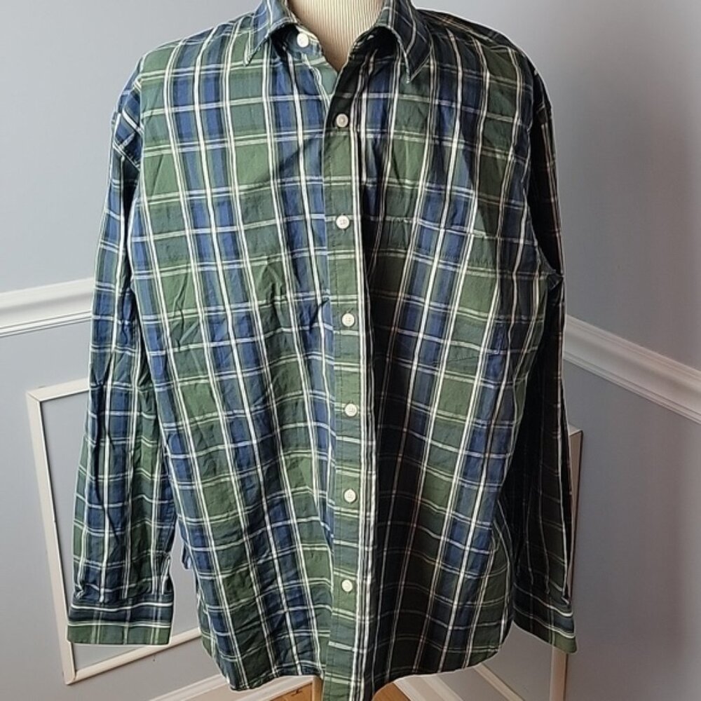 HAGGAR CLOTHING Blue Green Plaid Preppy Long Sleeve Office Button Down‎ Shirt L